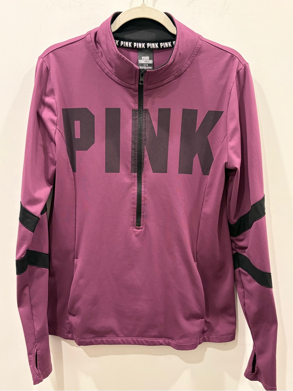 PINK Victoria's Secret Mauve Half-Zip Pullover with Black Logo Thumb holes EUC!‎